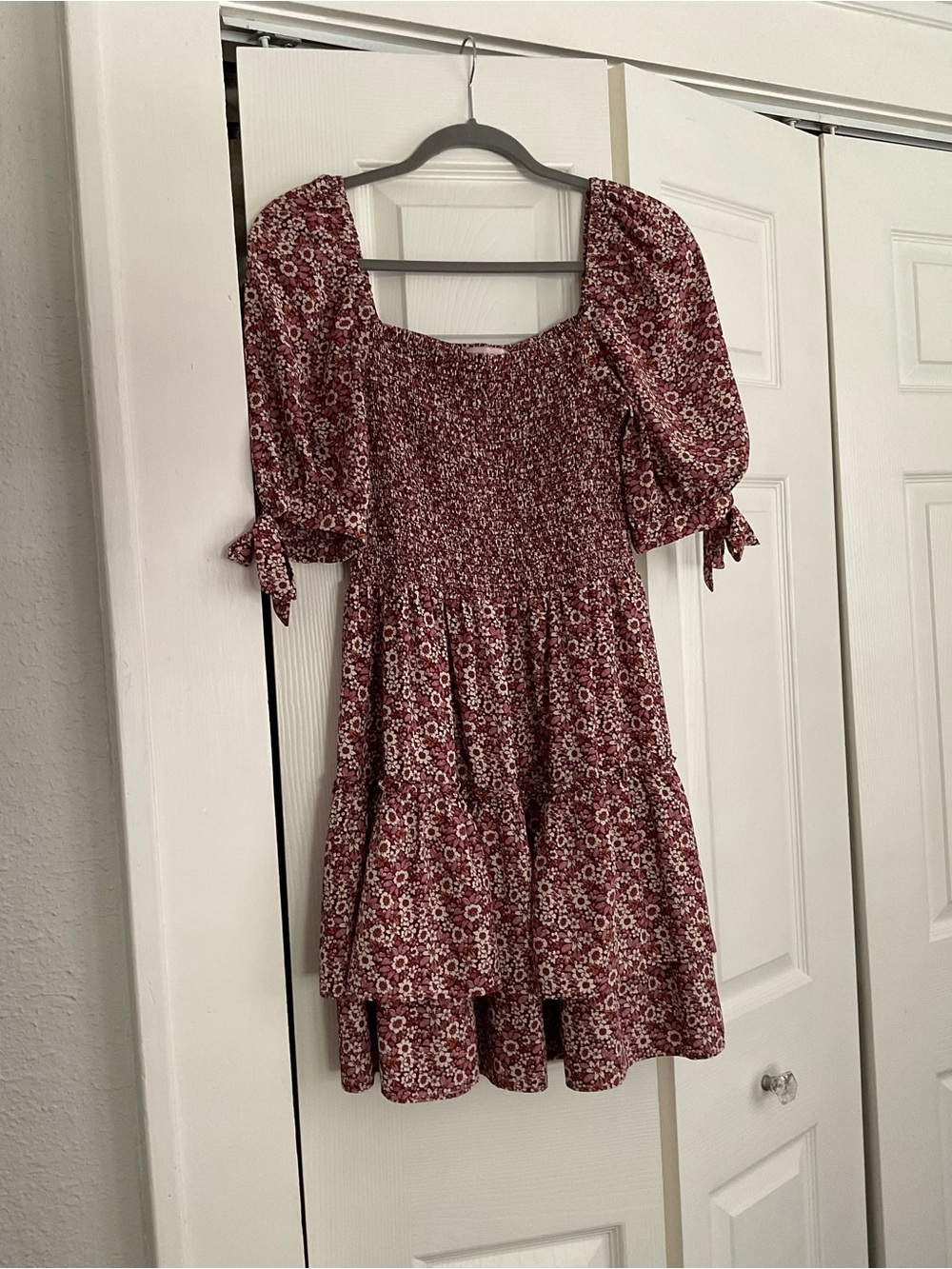 Leyden Burgundy and Pink Floral Smocked Mini Dress